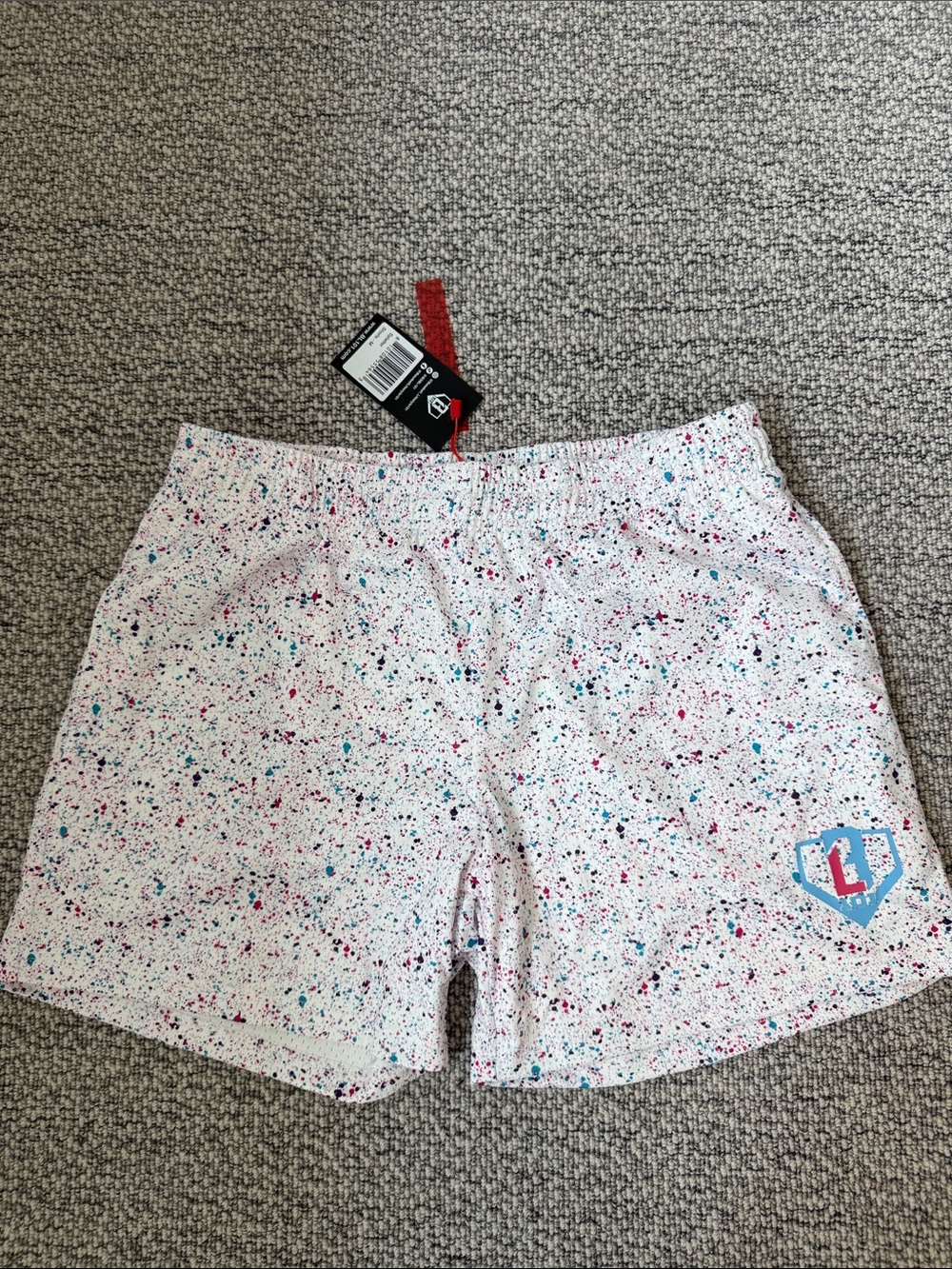 Men’s White Athletic Shorts with Pink & Teal Speckle